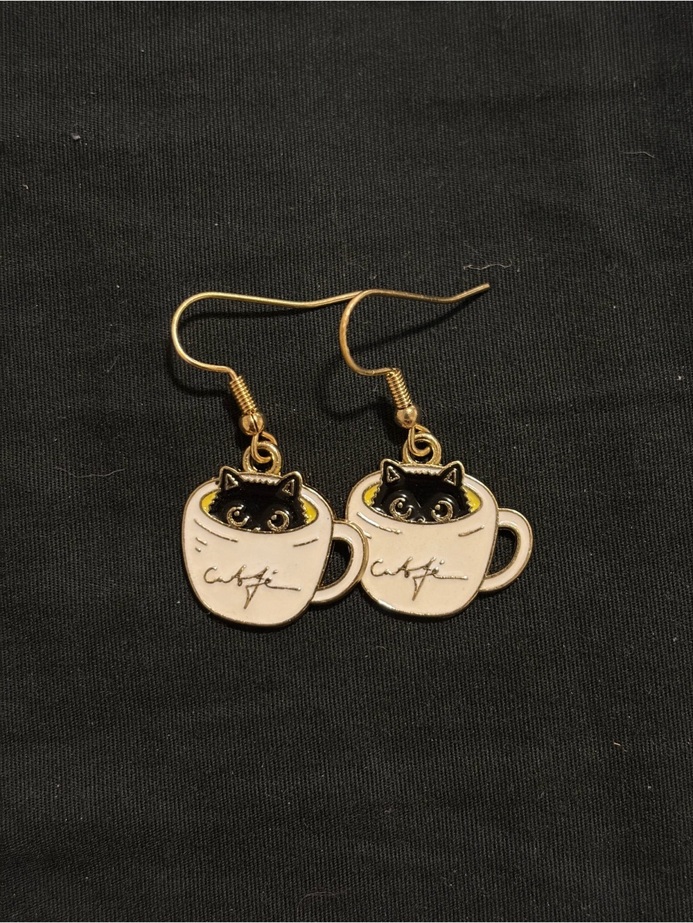Black Cat in Coffee Cup Enamel Earrings - White & Gold - Picture 2 of 5